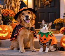 Dog and cat wearing pet-friendly Halloween costumes on a decorated porch with pumpkins and fall flowers.