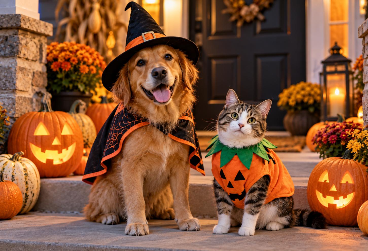 Dog and cat wearing pet-friendly Halloween costumes on a decorated porch with pumpkins and fall flowers.